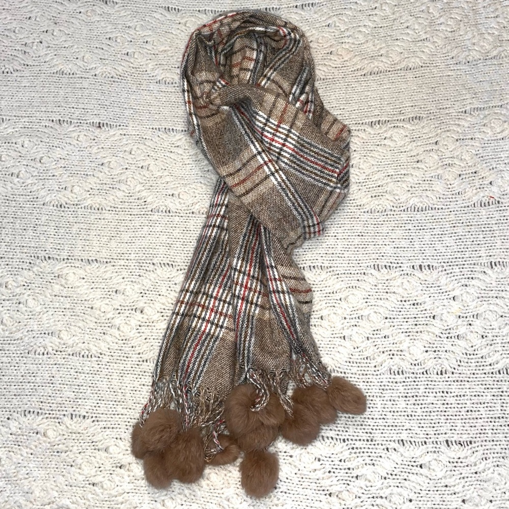 Cashmere Scarf Brown Plaid Fur Pom Poms Women's - S Brand